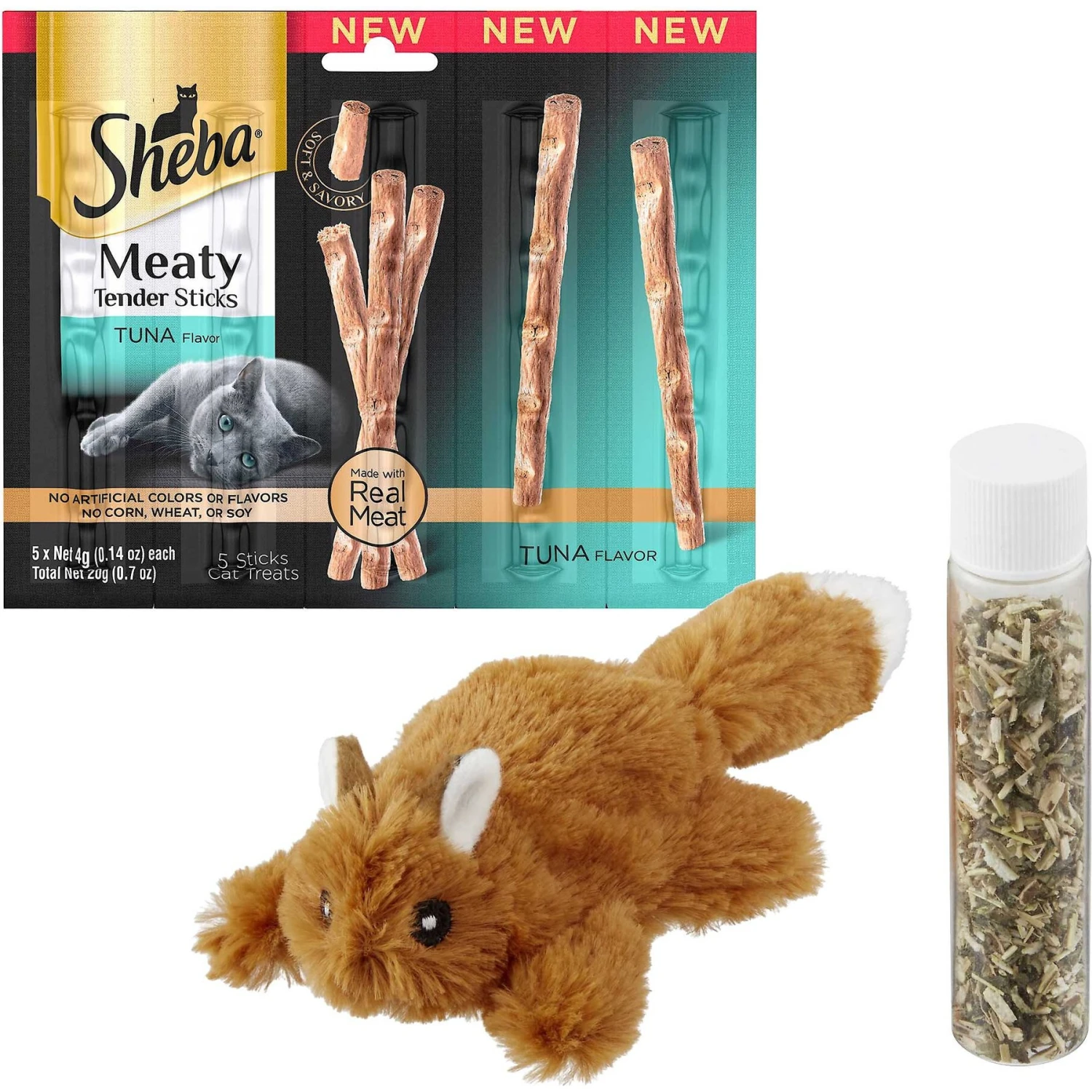 Sheba Meaty Tender Sticks Tuna Flavor Soft Adult Cat Treats & Frisco Squirrel Plush Cat Toy With Refillable Catnip 3 Sheba Meaty Tender Sticks Tuna Flavor Soft Adult Cat Treats & Frisco Squirrel Plush Cat Toy With Refillable Catnip