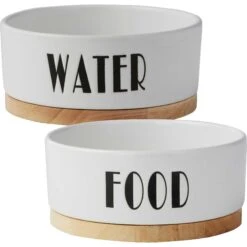 Frisco Ceramic Water Dog & Cat Bowl With Wood Base & Frisco Ceramic Food Dog & Cat Bowl With Wood Base