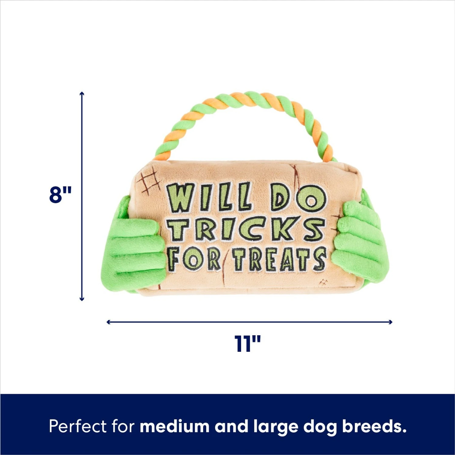Frisco Halloween "Will Do Tricks For Treats" Sign Plush With Rope Squeaky Dog Toy 4 Frisco Halloween "Will Do Tricks For Treats" Sign Plush With Rope Squeaky Dog Toy - Image 2