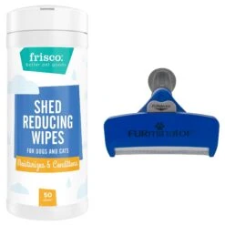 FURminator Long Hair Dog Deshedding Tool & Frisco Shed Reducing Waterless Grooming Wipes For Dogs & Cats, 50 Count
