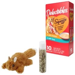Hartz Delectables Squeeze Up Variety Pack Lickable Cat Treats & Frisco Squirrel Plush Cat Toy With Refillable Catnip