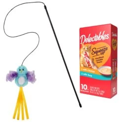 Hartz Delectables Squeeze Up Variety Pack Lickable Cat Treats & Frisco Bird With Feathers Teaser Wand Cat Toy With Catnip